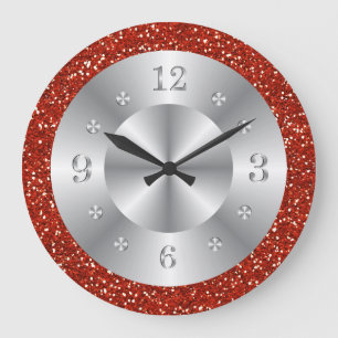 Grande Horloge Ronde Parties scintillant rouge élégant Numéros d'arg