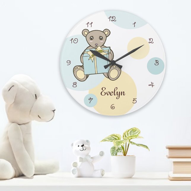 Grande Horloge Ronde Pastel Bleu et Jaune Ourson Mignon Enfants (Créateur téléchargé)
