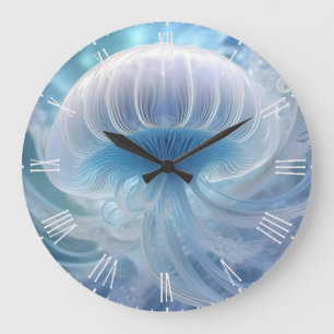 Grande Horloge Ronde Pastel Blue Jellyfish Fractal Art Under the Sea,