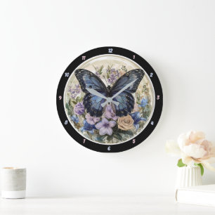 Grande Horloge Ronde Pastel Garden" - Papillon Bleu