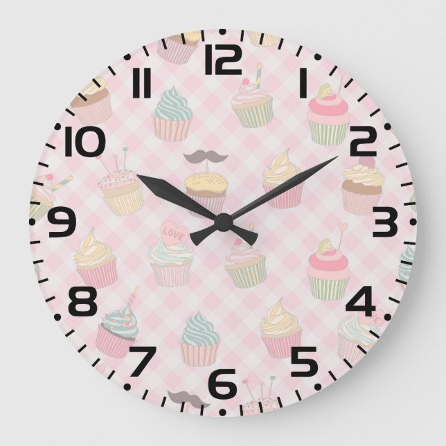 Grande Horloge Ronde Pastel Pink Gingham Cute Cupcakes Pattern (Recto)