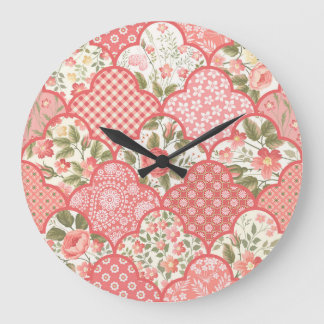 Grande Horloge Ronde Pastel Rose Motif à patchwork floral