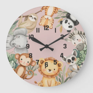 Grande Horloge Ronde Pastel Tropical Wild One Jungle Safari Animaux
