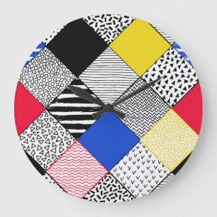 Grande Horloge Ronde Patchwork arrière - plan : oiseaux, pois.
