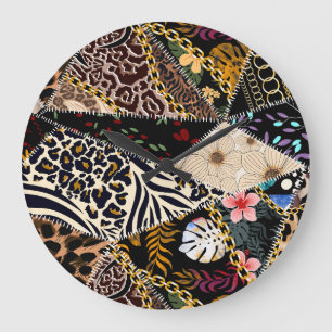 Grande Horloge Ronde Patchwork Leopard : Ethnic Lining Design.