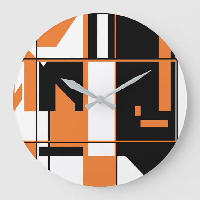 Grande Horloge Ronde Patchwork orange noir blanc géométrique Abstrait (Recto)