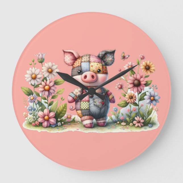 Grande Horloge Ronde Patchwork Piglet en Jardin Floral (Recto)