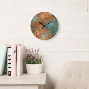 Grande Horloge Ronde Patina de cuivre métallique rustique