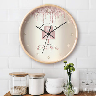 Grande Horloge Ronde Pâtisserie Gâteau Dégoulinant de Paillettes Roses 