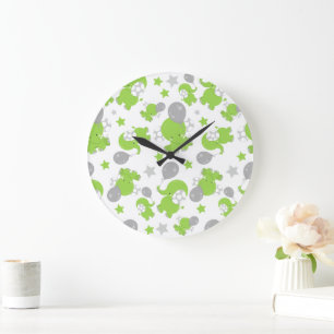 Grande Horloge Ronde Pattern of Green Elephants, Cute Elephants, stars