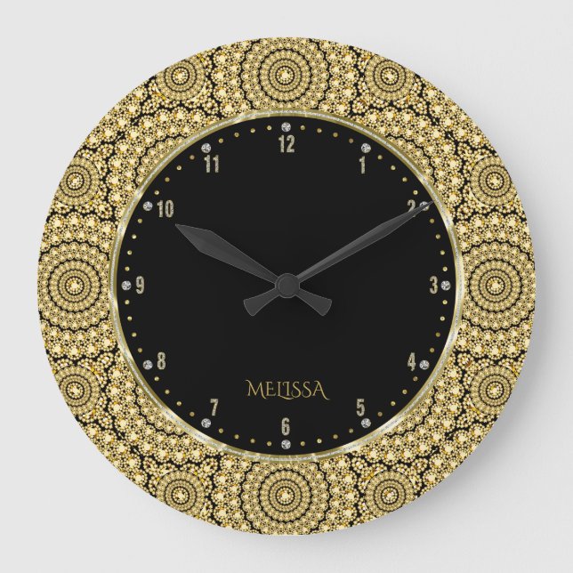 Grande Horloge Ronde Patters géométriques de Black & Gold Diamonds (Recto)