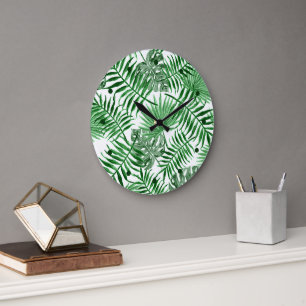 Grande Horloge Ronde Paume vert tropical Feuille Aquarelle d'été Art