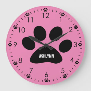 Grande Horloge Ronde Paw chien rose personnalisé