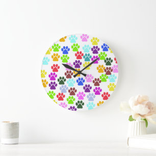 Grande Horloge Ronde Paws colorés, Motif Paw, Paws de chien, Empreintes