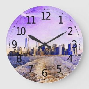 Grande Horloge Ronde Paysage d'aquarelle de New York Digital