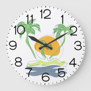 Grande Horloge Ronde Paysage de plage d'île tropicale. Contour d'arbre