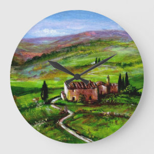 GRANDE HORLOGE RONDE PAYSAGE DE TOSCANE AVEC COLLINES VERTES