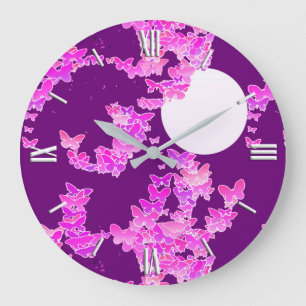 Grande Horloge Ronde Paysage lunaire avec papillons - orchidée, améthys