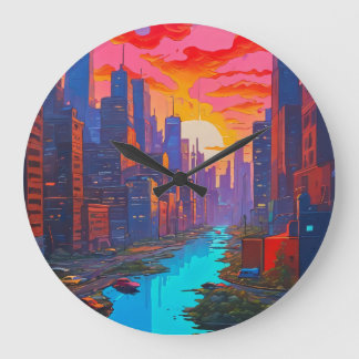 Grande Horloge Ronde Paysage psychédélique rose avec rivière