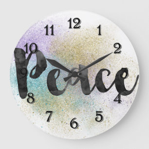 Grande Horloge Ronde Peace Faux Gold Purple Aqua Parties scintillant