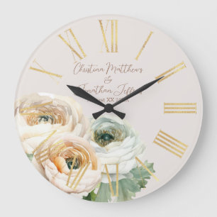 Grande Horloge Ronde Pêcher romantique Ranunculus sur ivoire