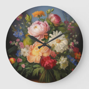 Grande Horloge Ronde Peinture à l'huile de pivoines
