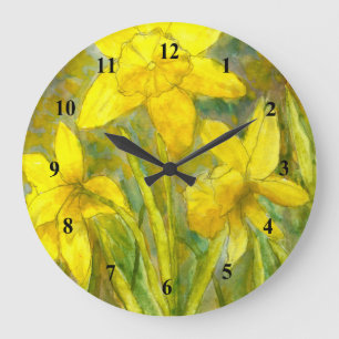 Grande Horloge Ronde Peinture d'aquarelle, art jaune de fleurs,