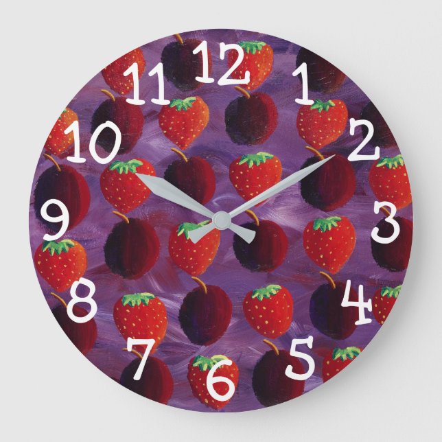 Grande Horloge Ronde Peinture de fruits rouges de fraises et de prunes (Recto)