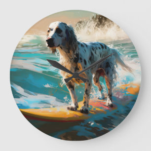 Grande Horloge Ronde Peinture de Surf sur la Plage avec Setter Anglais