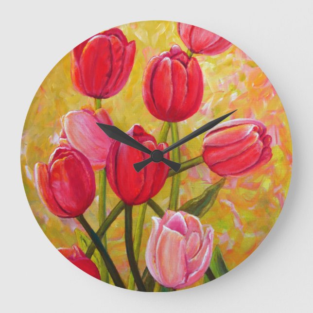 Grande Horloge Ronde Peinture de tulipes roses et rouges  (Recto)