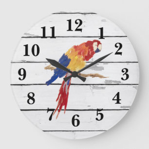 Grande Horloge Ronde Peinture d'oiseaux tropicaux Décor rustique Grand