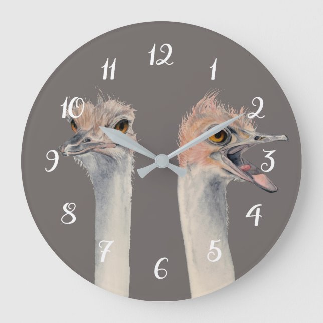 Grande Horloge Ronde Peinture drôle d'aquarelle d'oiseau d'autruche (Recto)