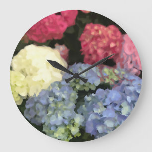 Grande Horloge Ronde Peinture numérique à fleurs bleu et rose Hydrangea