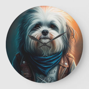 Grande Horloge Ronde Peinture numérique d'un chien havanais sur vélo