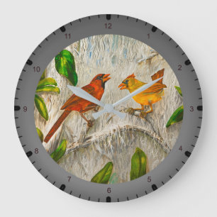 Grande Horloge Ronde Peinture Oiseaux cardinaux