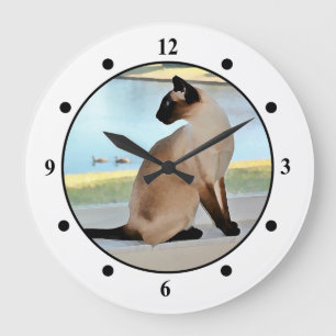 Grande Horloge Ronde Peinture paisible de chat siamois