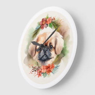 Grande Horloge Ronde Pékinois Couronne de Noël Chien de fête