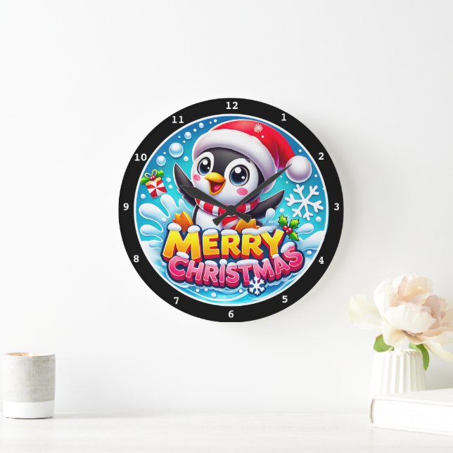 Grande Horloge Ronde Penguin's Holiday Spirit" - Noël joyeux (Maison)