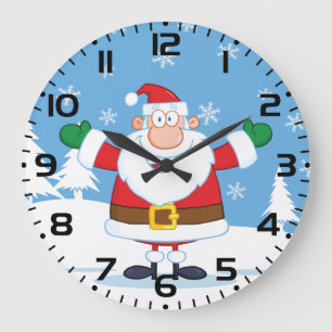 Grande Horloge Ronde Père Noël dans une scène hivernale enneigée