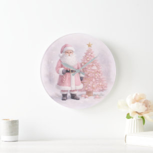 Grande Horloge Ronde Père Noël de Noël rose pastel
