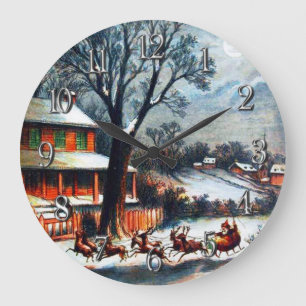 Grande Horloge Ronde Père Noël et rennes vintage Visite du Père Noël