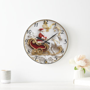 Grande Horloge Ronde Père Noël fait son traîneau en hiver