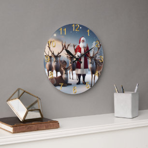 Grande Horloge Ronde Père Noël Posant Avec Ses Rennes,