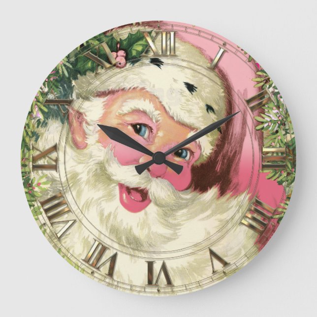 Grande Horloge Ronde Père Noël rose vintage pour Noël (Recto)