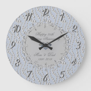 Grande Horloge Ronde Perles d'argent chic 25e anniversaire de mariage