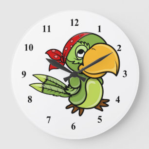 Grande Horloge Ronde Perroquet vert de pirate de bande dessinée