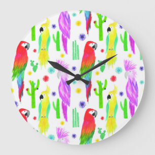 Grande Horloge Ronde Perroquets colorés, motif dessiné à la main.