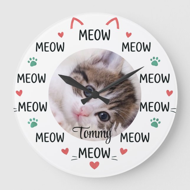 Grande Horloge Ronde Personalized Cat Photo & Name Wall Clock (Recto)