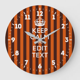 Grande Horloge Ronde Personalized Keep Calm Your Text on Orange Stripes