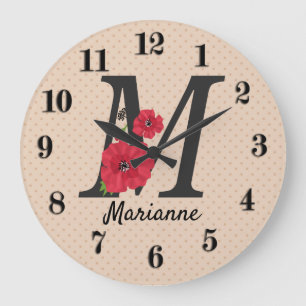 Grande Horloge Ronde Personalized monogram editable M text red flower